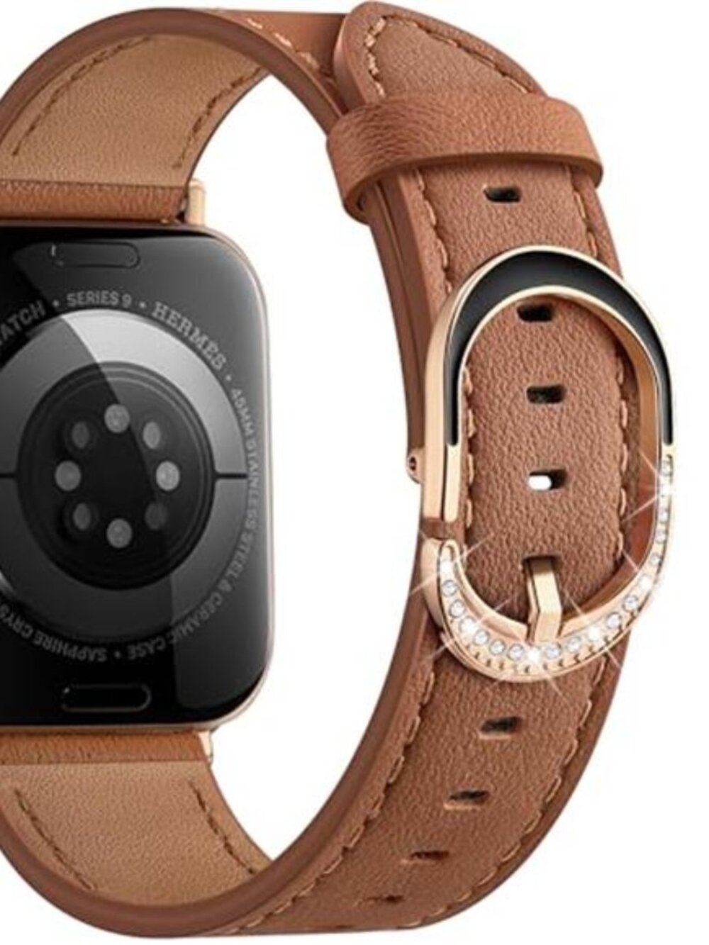 NEW Brown/RoseGold Leather Rhinestone Buckle Apple Watch Band